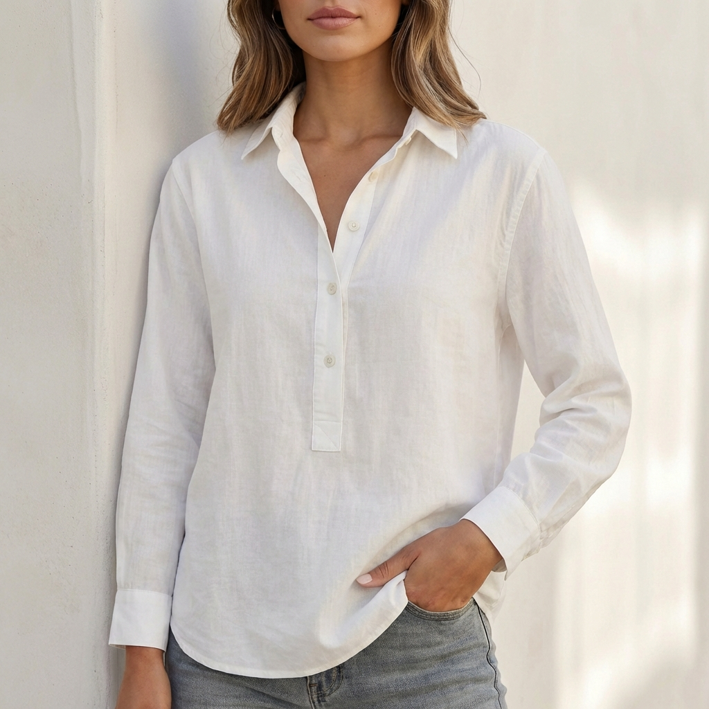Women's relaxed fit V-neck long sleeve blouse with button placket, perfect for casual everyday wear.