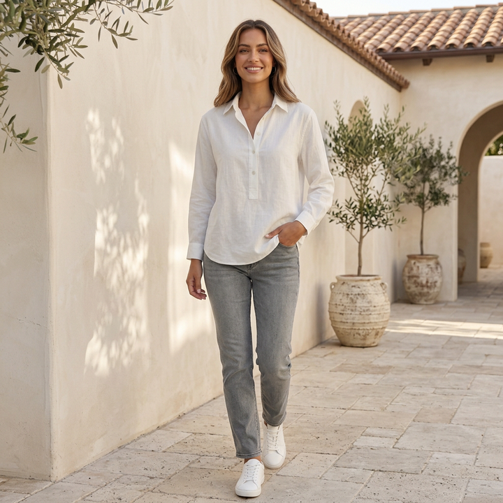 Stylish women's popover V-neck shirt, a comfortable long sleeve relaxed fit top for summer & smart casual.