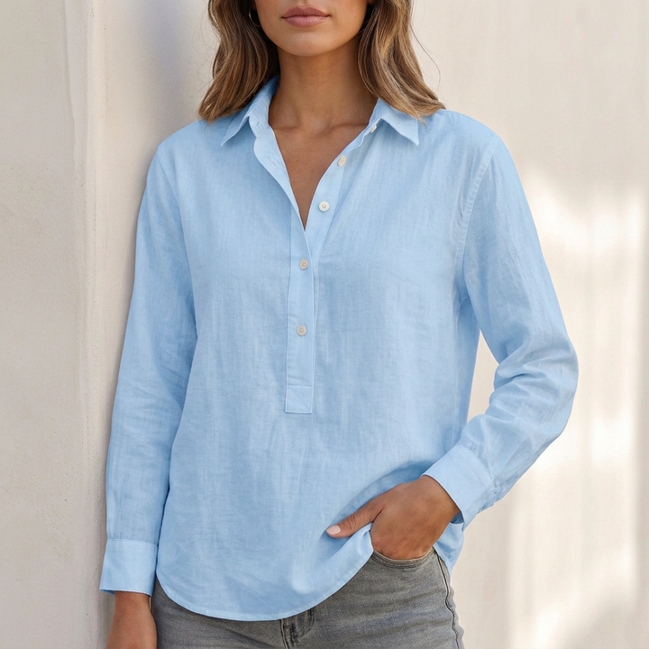 Versatile women's long sleeve V-neck blouse, relaxed fit tunic style shirt ideal for layering or resort wear.
