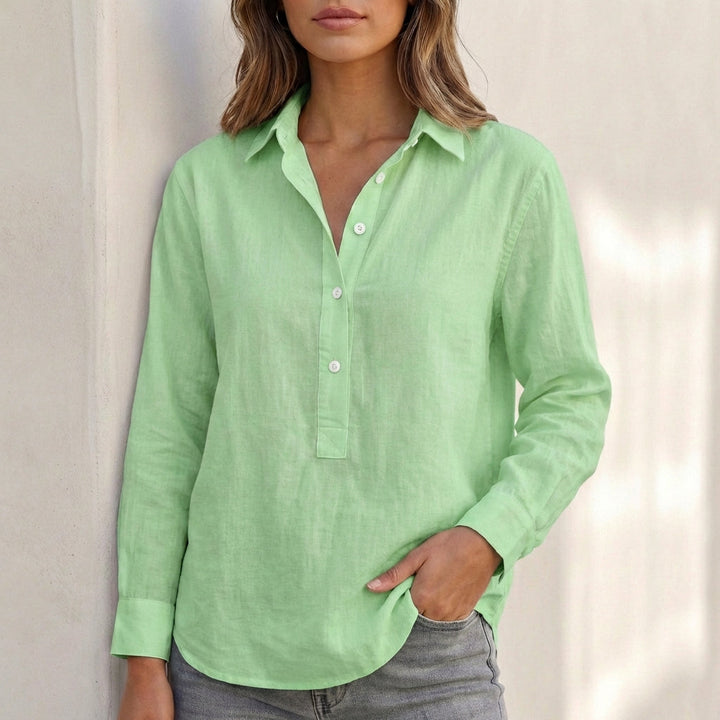 Casual women's relaxed fit V-neck top with long sleeves & button placket, great for everyday summer outfits.