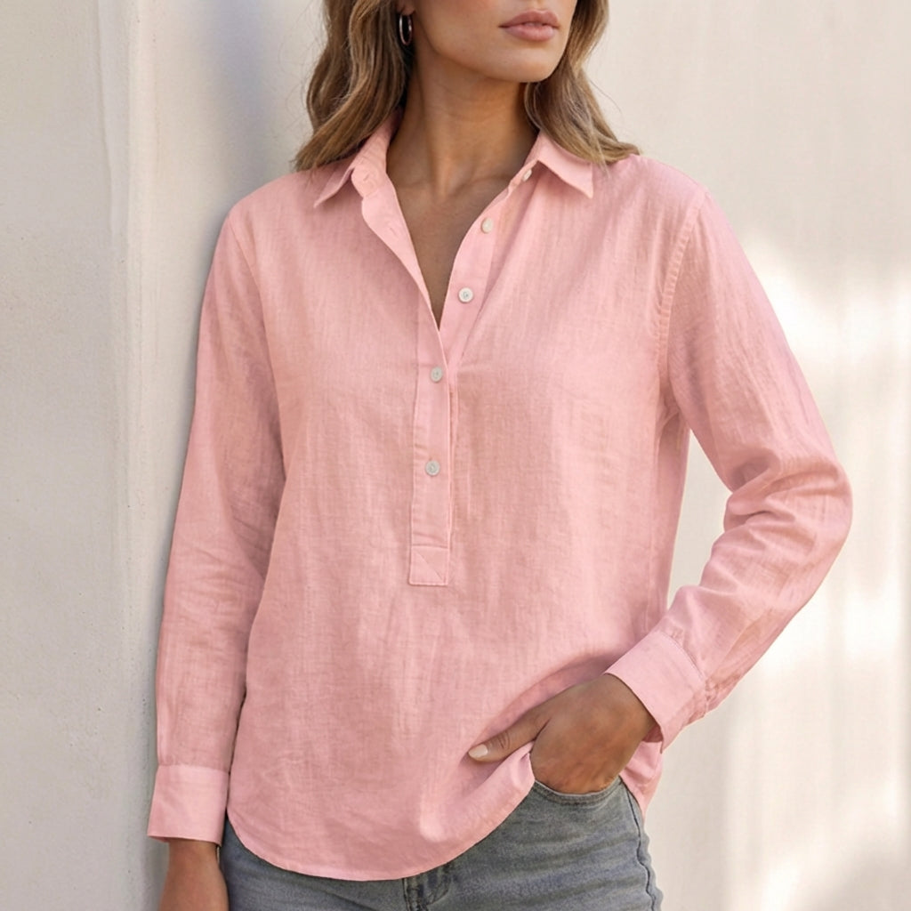 Elegant women's V-neck long sleeve blouse, a relaxed fit popover shirt for smart casual or layering looks.