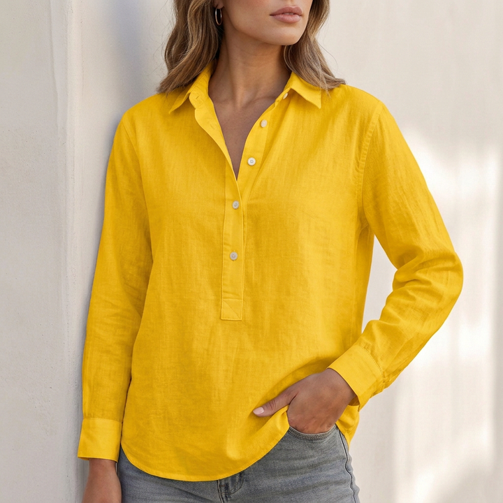 Comfortable women's long sleeve V-neck shirt, relaxed fit blouse perfect as a casual popover or tunic top.