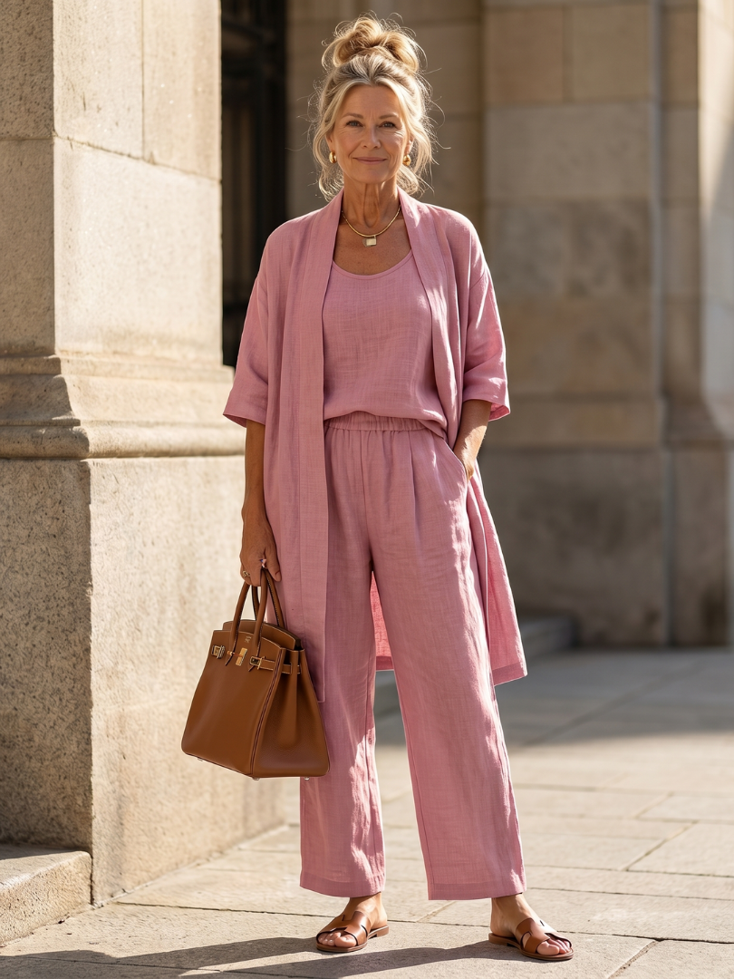 Women's relaxed three-piece top, pant & outer layer set, perfect for comfortable everyday wear.