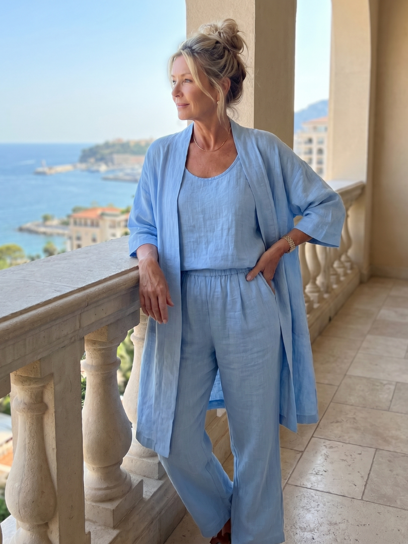 Women's relaxed wide-leg pant set with a coordinating top and an effortless outer layer.