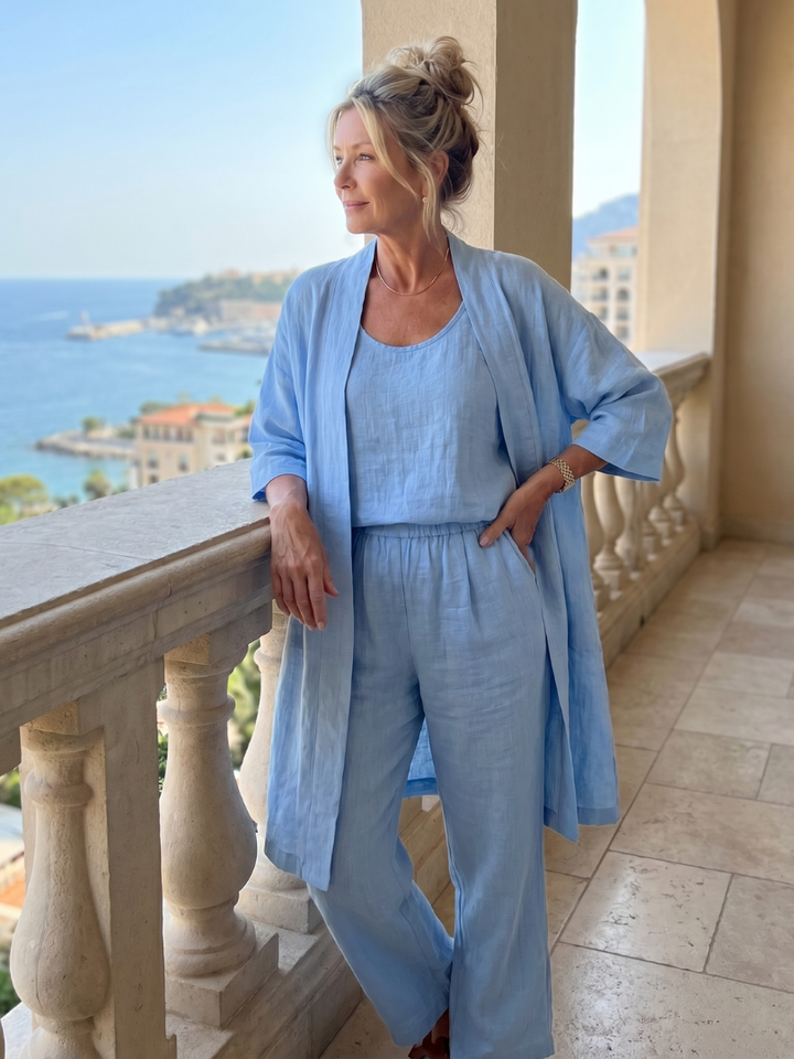 Women's relaxed wide-leg pant set with a coordinating top and an effortless outer layer.