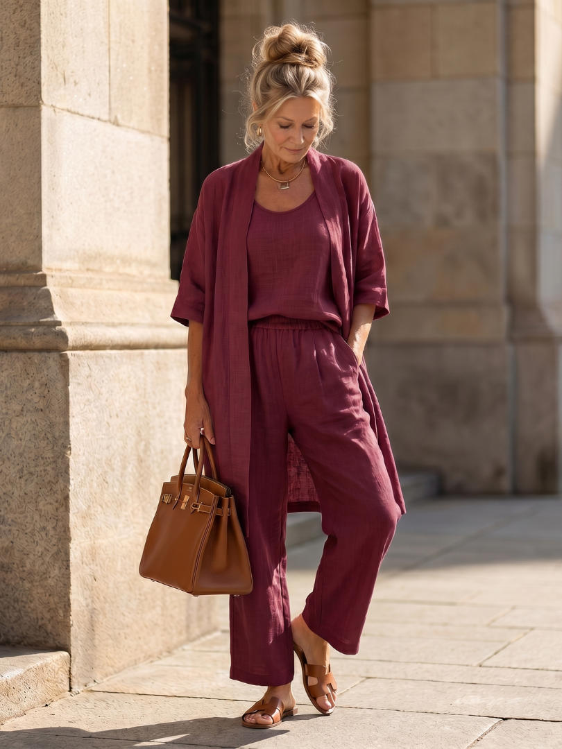 Comfort-focused women's three-piece ensemble, a relaxed fit for ultimate daily wear.