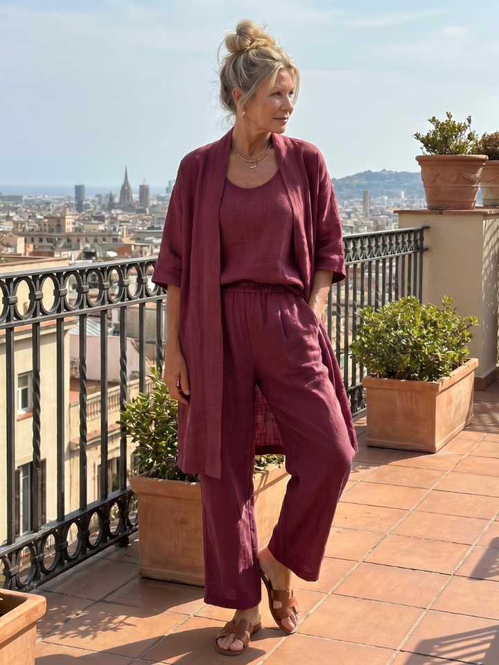 Effortless women's casual set, featuring a relaxed top, wide leg pants, and a third matching piece.