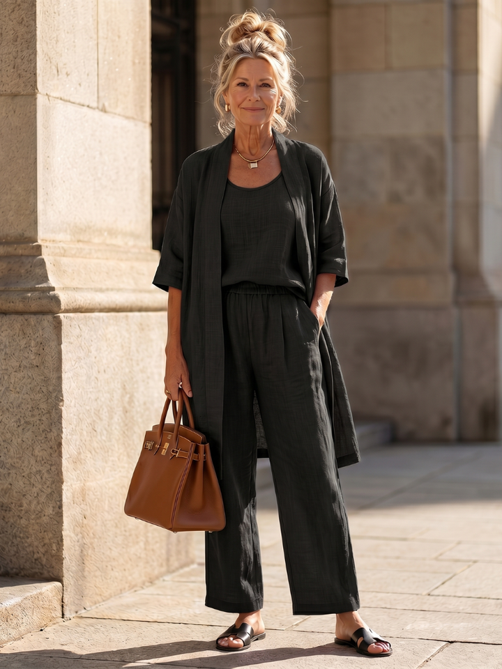 Women's fashion three-piece set, a coordinated outfit with a relaxed fit and comfortable fabric.