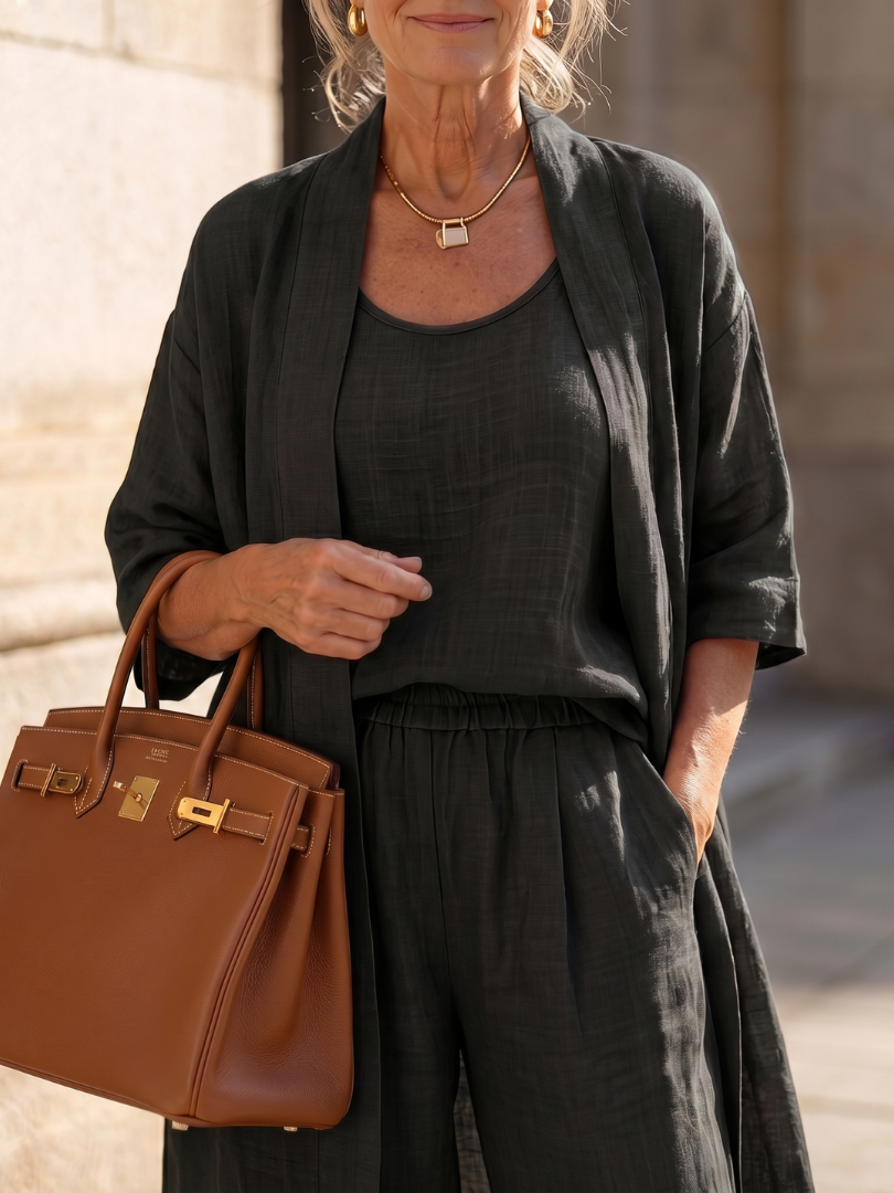 Relaxed women's wide leg pant set, perfect for versatile everyday styling and lounging.