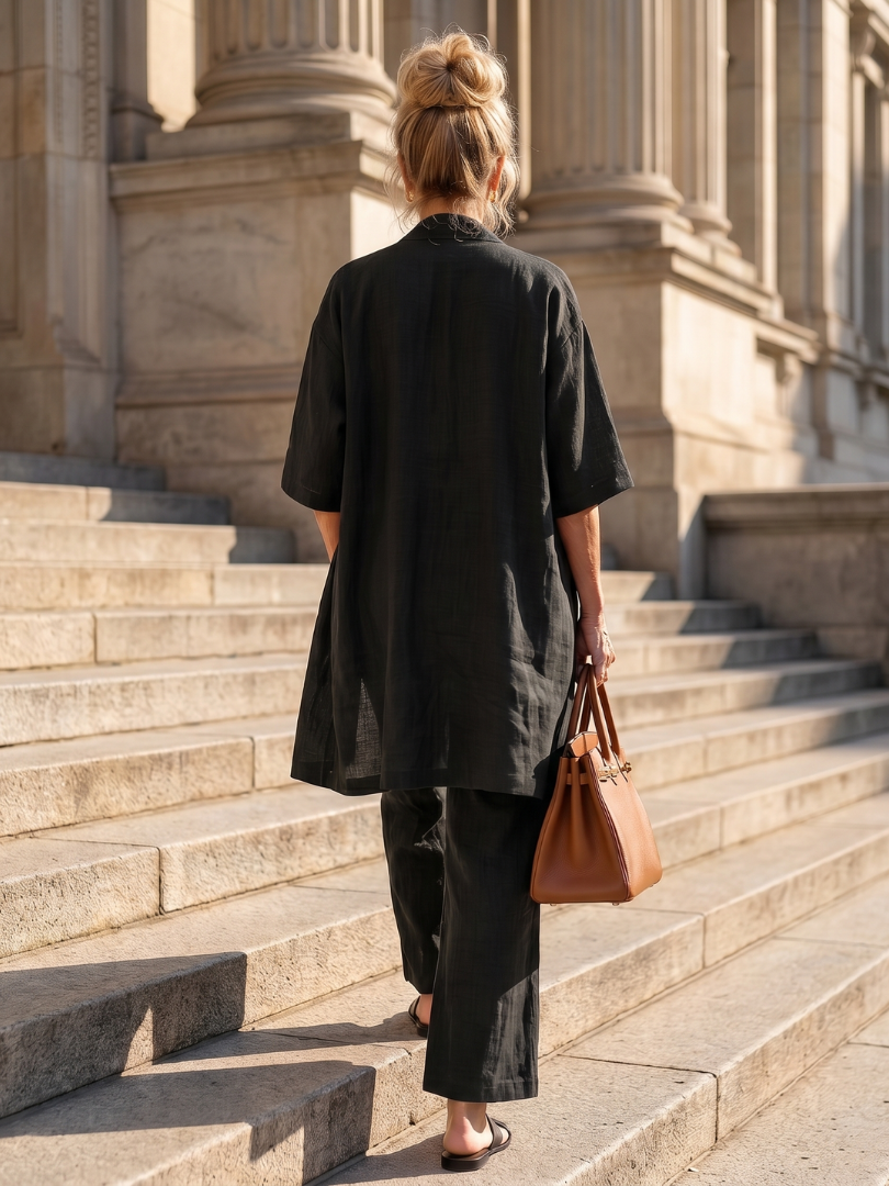 Women's comfortable three-piece outfit with a soft top, relaxed pants, and an outer layer.