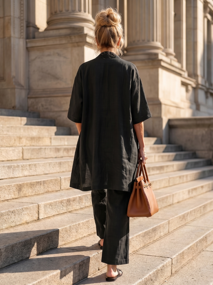 Women's comfortable three-piece outfit with a soft top, relaxed pants, and an outer layer.