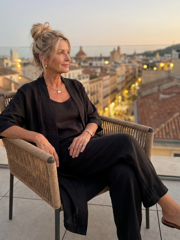 Coordinated women's clothing set, a three-piece relaxed fit ensemble with wide-leg pants.
