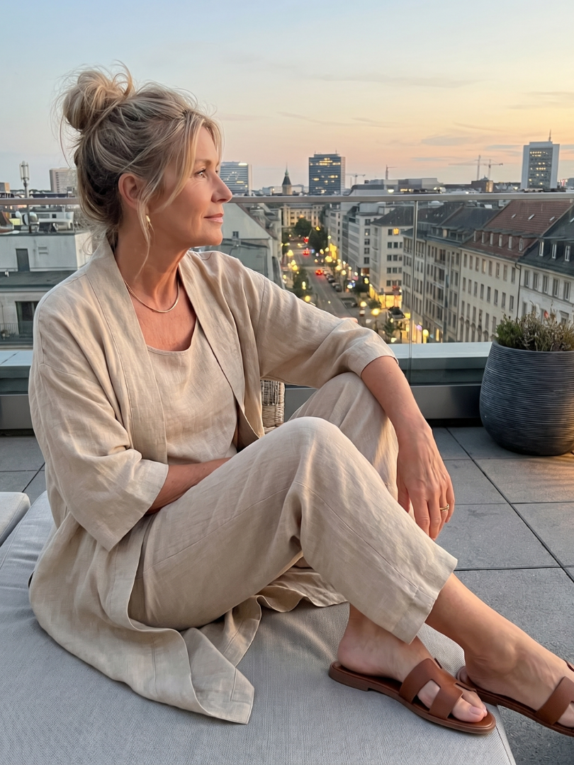 Chic women's matching outfit with a relaxed top, comfortable wide leg pants, and an outer layer.