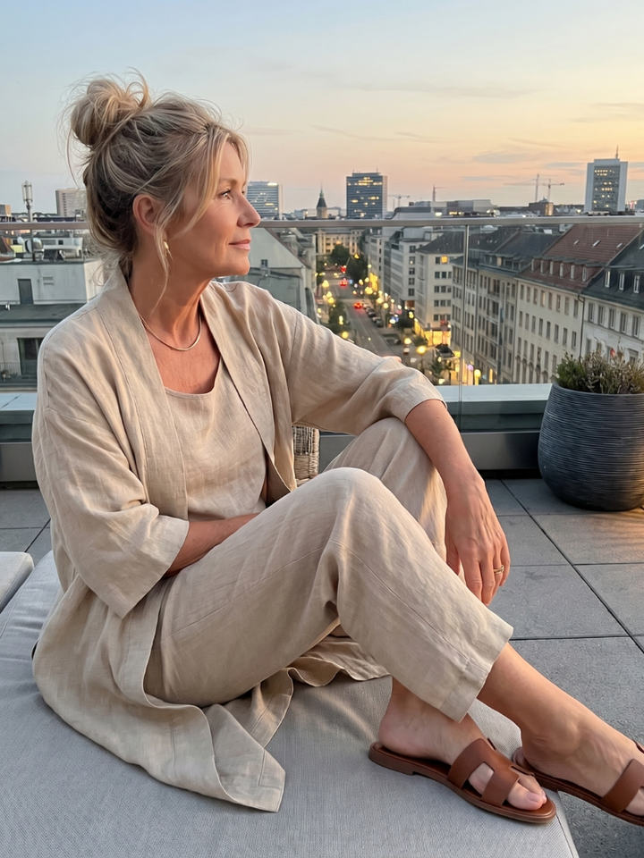 Chic women's matching outfit with a relaxed top, comfortable wide leg pants, and an outer layer.