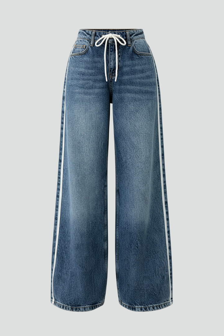 Women's relaxed wide-leg denim jeans in blue with drawstring waist, comfortable casual fit
