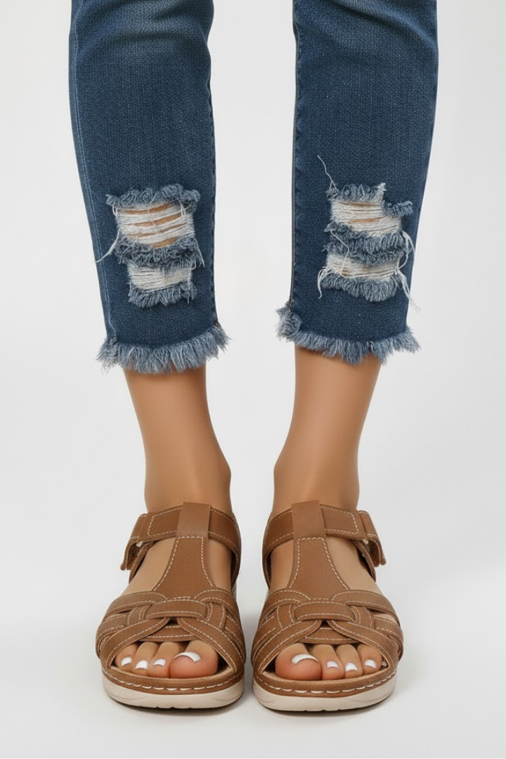 Elegant women's retro flat strappy sandals with buckle detailing, a comfortable choice for summer.