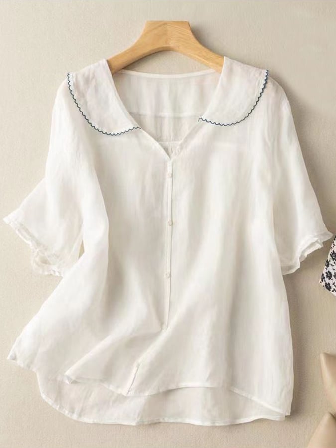 Breathable women's button down cotton linen shirt, doll collar, short sleeve, retro fashion.