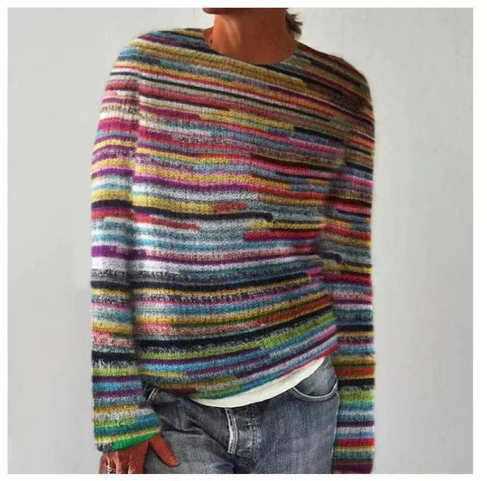 Women's retro striped knit sweater; cozy fall fashion long sleeve top with vintage style