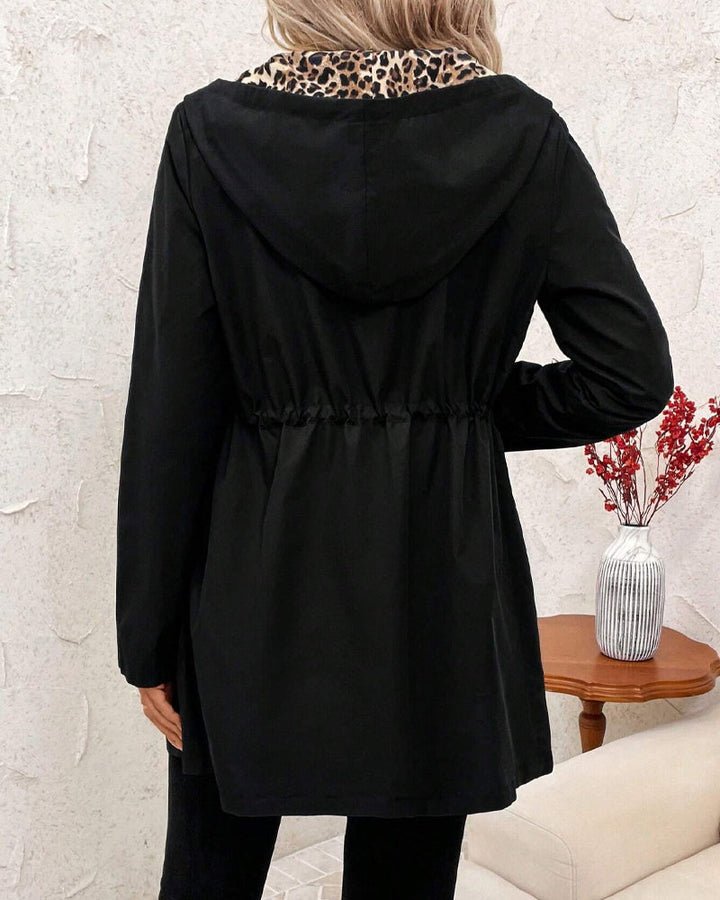 Back view of women's casual reversible hooded leopard print winter jacket, autumn wear
