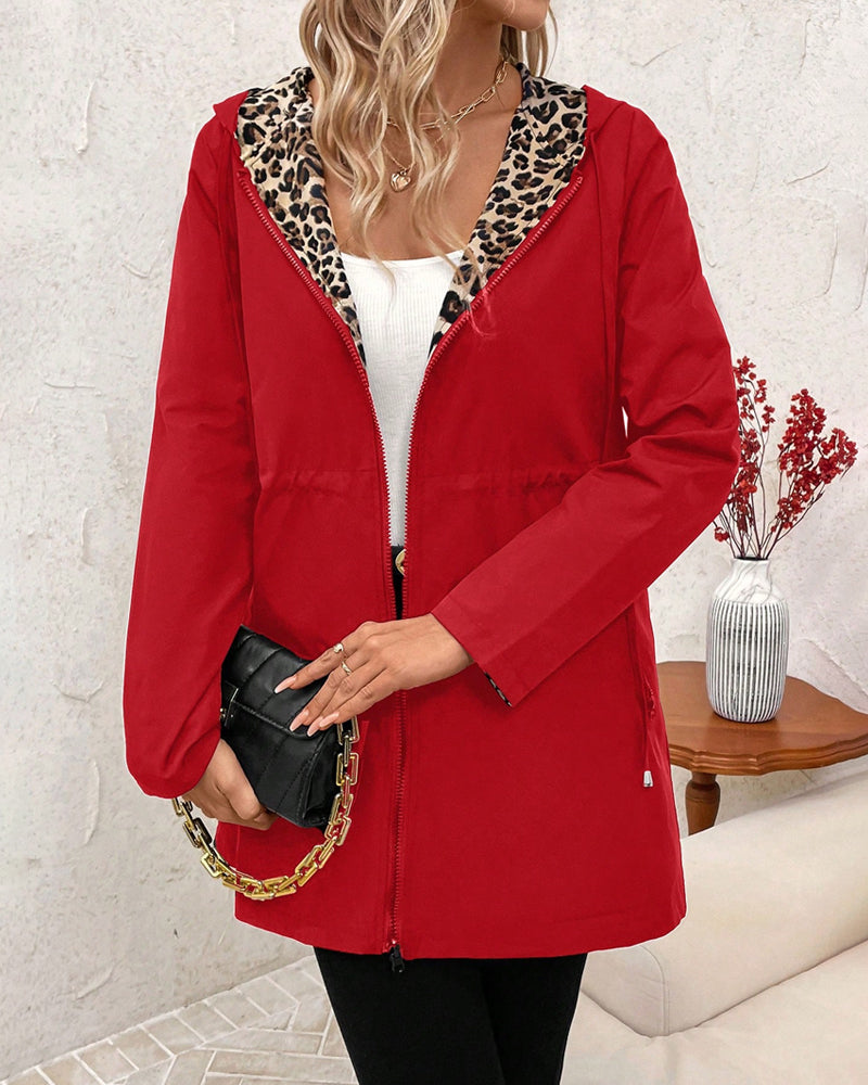 Leopard print hooded women's coat, reversible design, ideal for winter and autumn casualwear