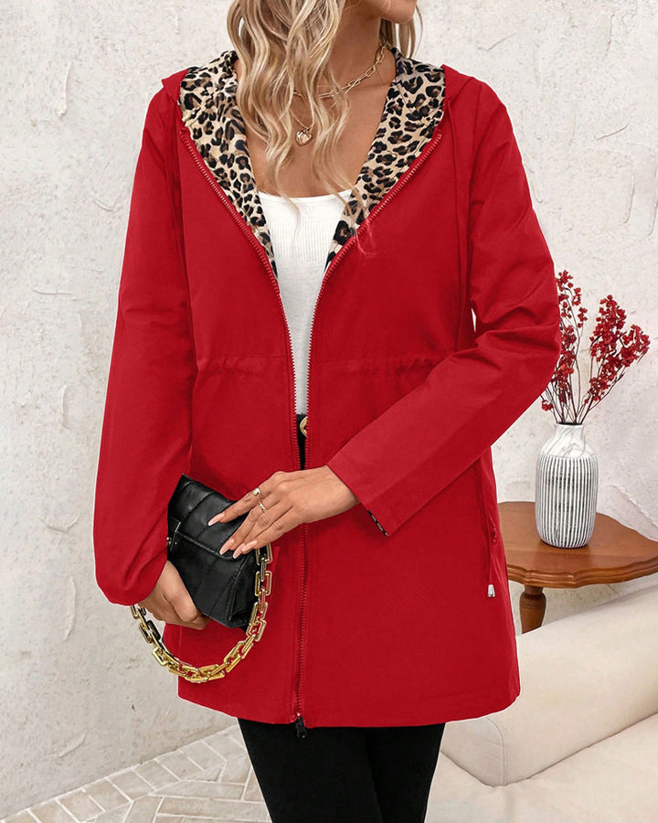 Leopard print hooded women's coat, reversible design, ideal for winter and autumn casualwear