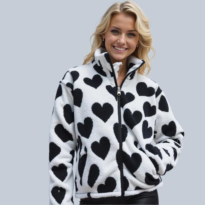 Women's reversible quilted jacket, heart design, black side, for fall casual wear