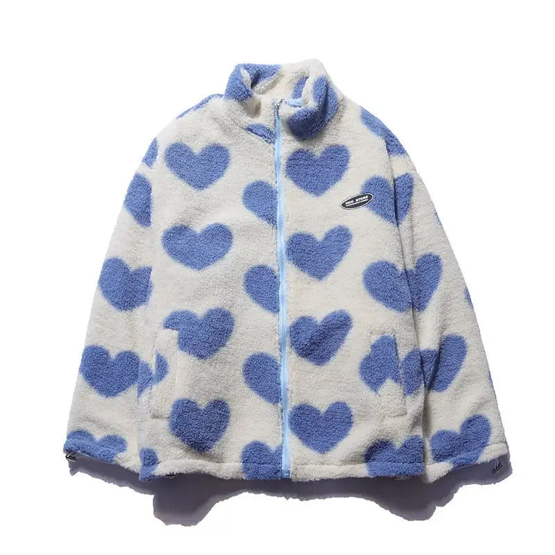Folded women's reversible lightweight jacket, heart design, compact for travel or storage