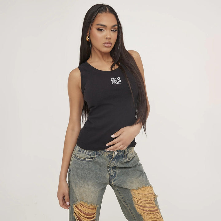 Trendy women's ripped tank top, delicate embroidery adds an elegant touch to casual summer wear.