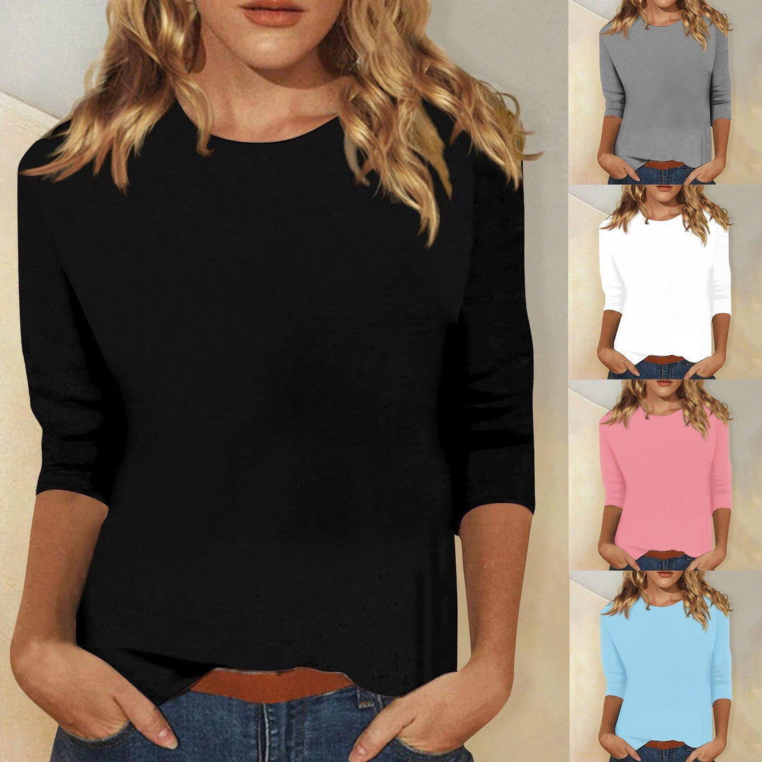 Women's round neck three-quarter sleeve tee, solid color, perfect for casual everyday wear.