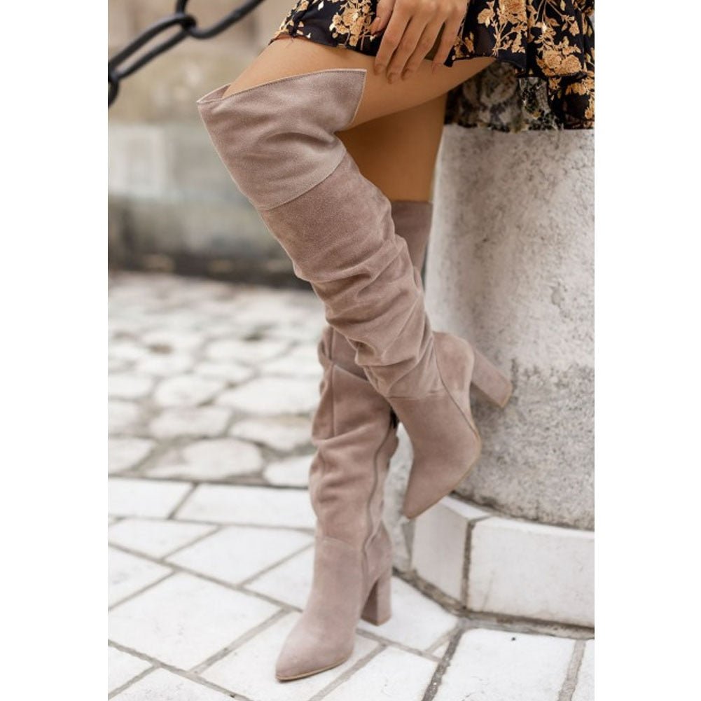 Stylish women's ruched tall boots with a comfortable block heel, ideal over-the-knee look.