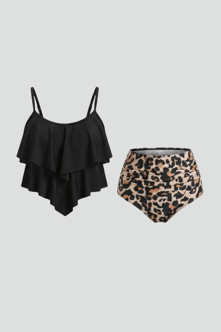 Women's ruffle tankini top & high waist bottom set in black, perfect summer swimwear.