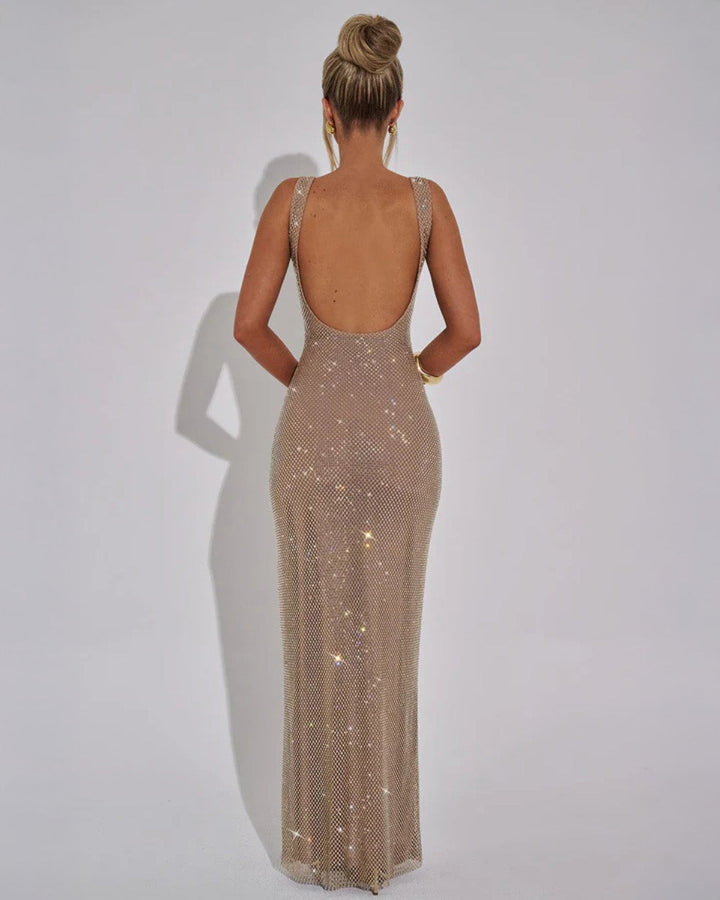 Exquisite wedding guest gown: shimmering, embellished, and elegant maxi.
