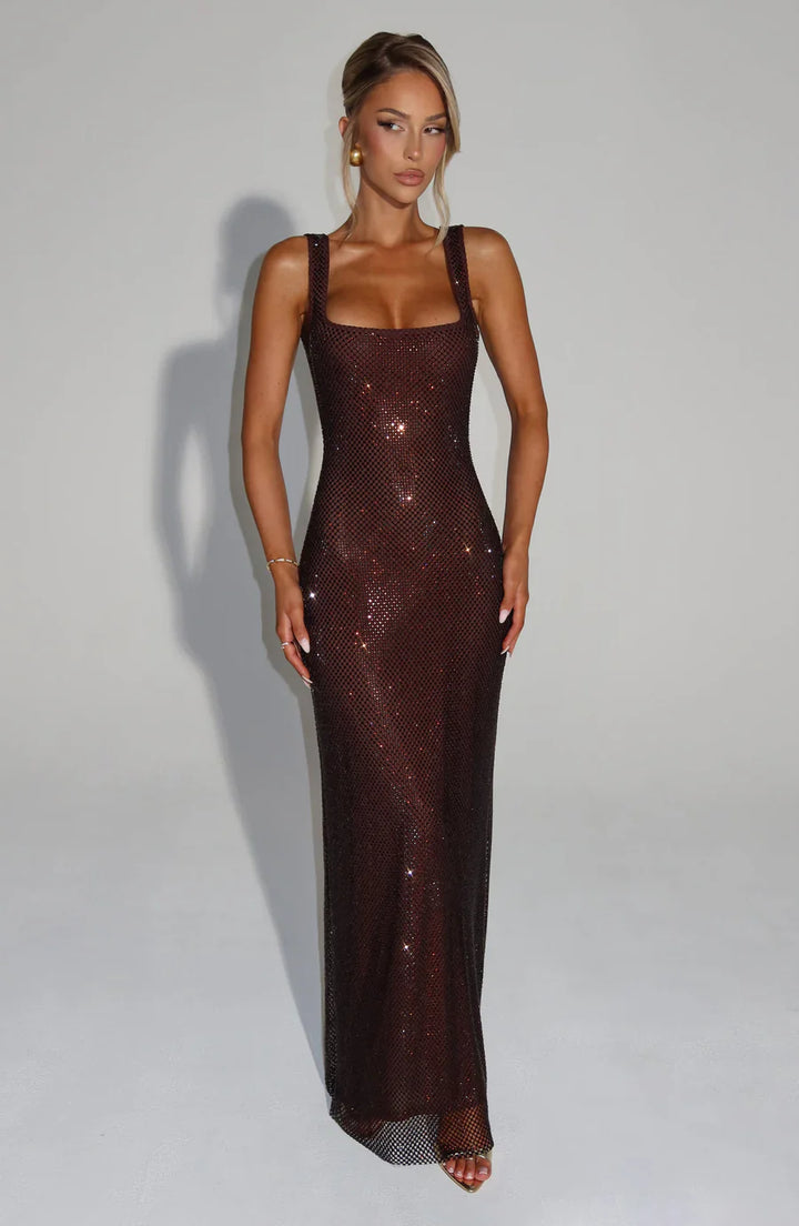 Shimmering long party dress for women, exquisitely embellished and formal.
