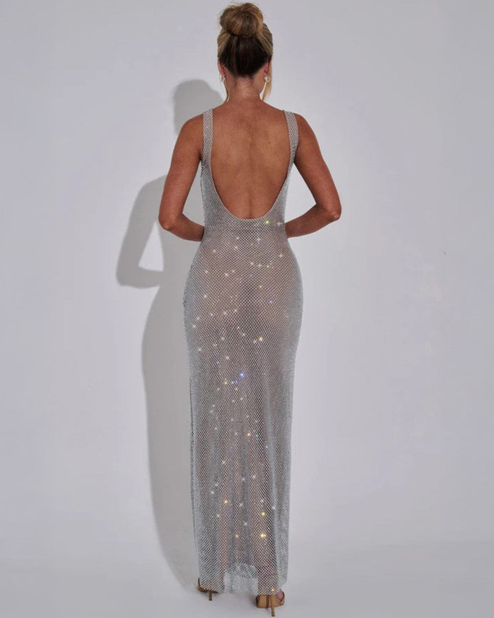 Women's embellished evening gown, a shimmering long dress for formal parties.