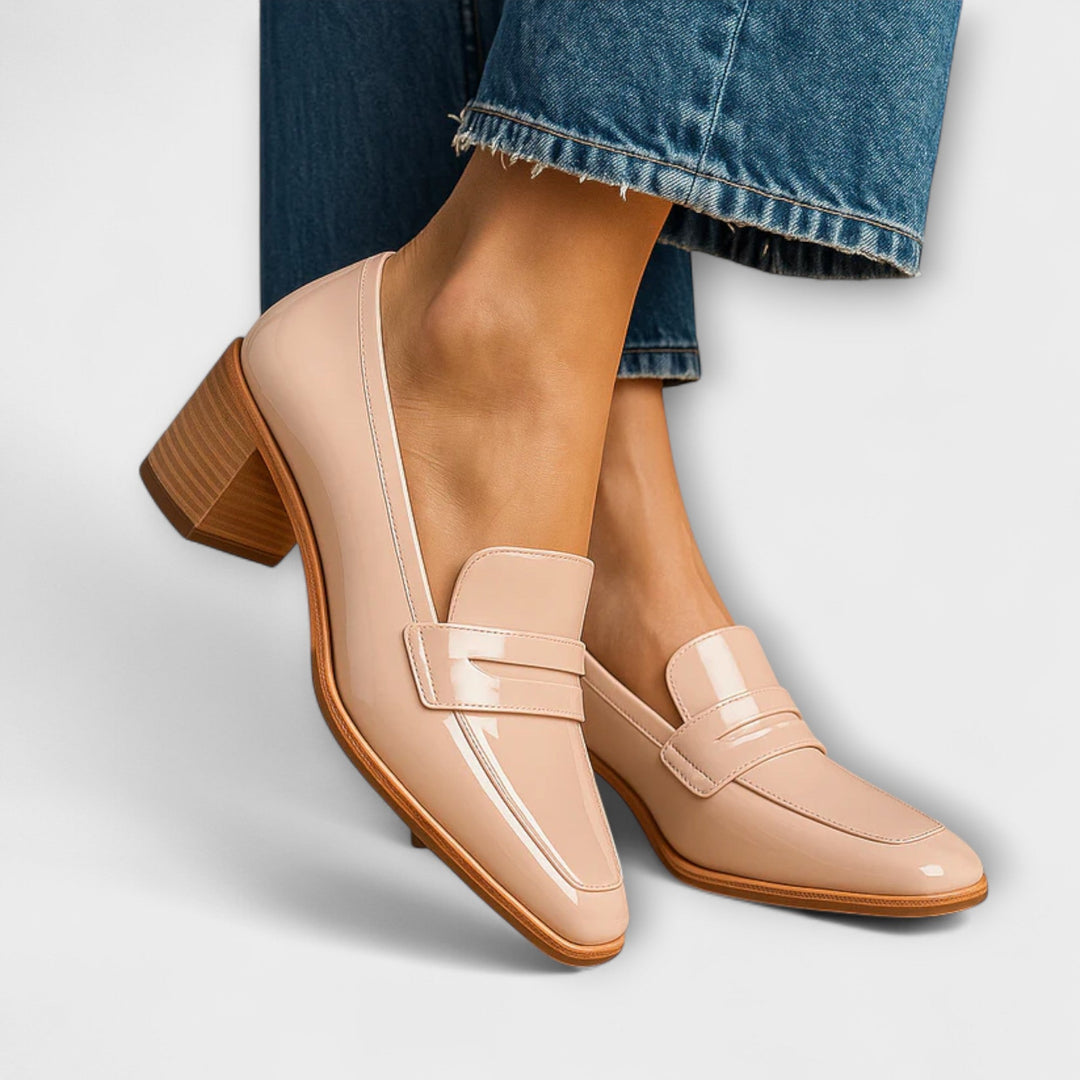 Women's shiny square toe block heel loafers; comfortable slip-on formal fashion shoes
