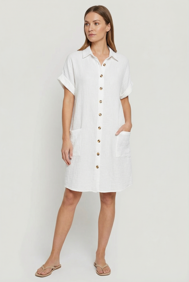 Women's short sleeve casual shirt mini dress, perfect for summer days or vacation.