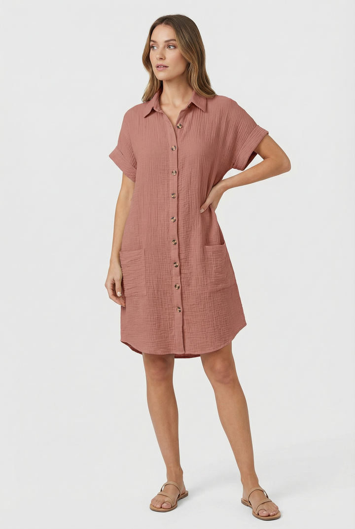 Women's relaxed fit short sleeve mini shirt dress, perfect for casual summer wear.