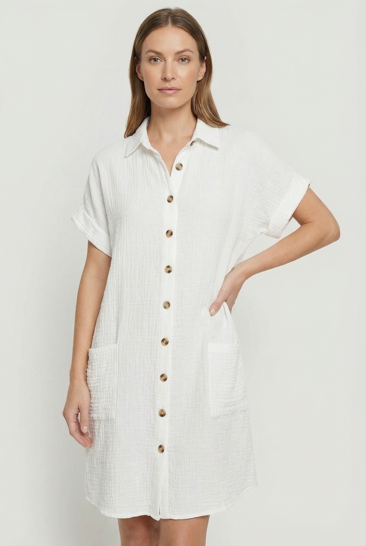 Relaxed fit women's summer shirt dress with short sleeves & button front.