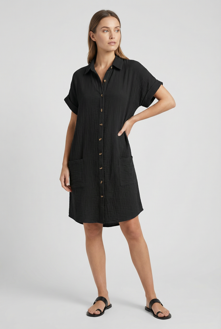 Button-front short sleeve casual shirt dress for women, ideal for weekend wear.