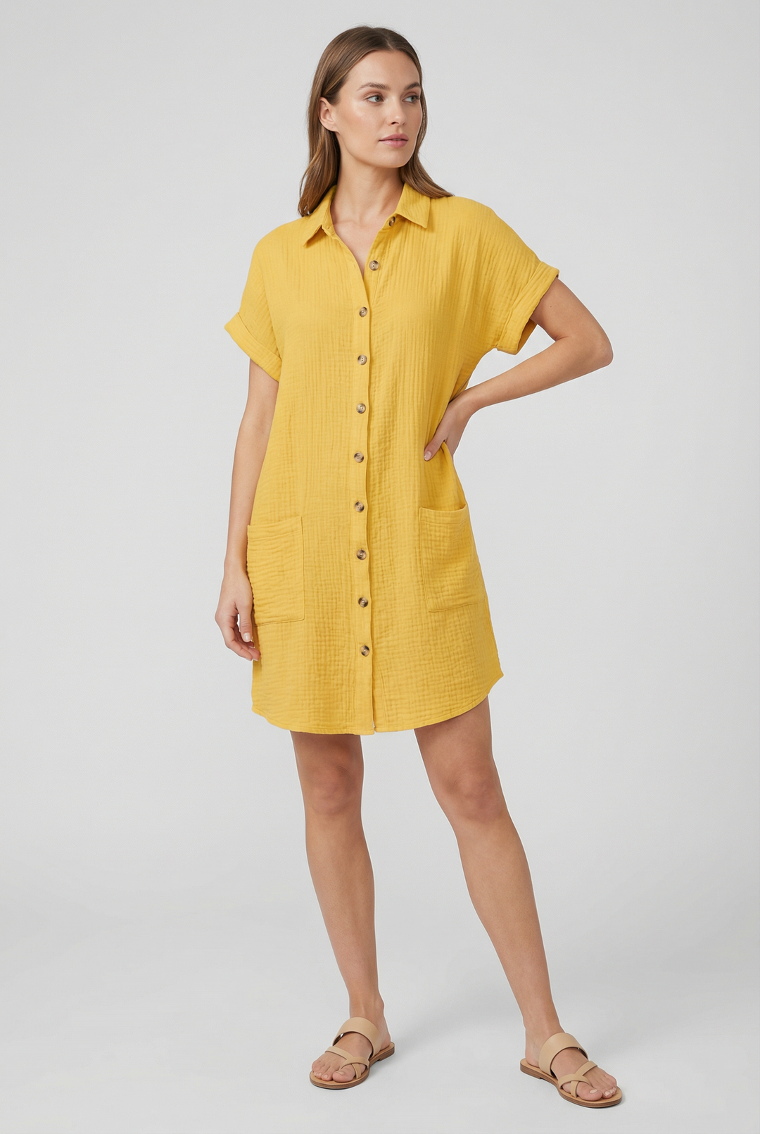 Women's casual mini dress, short sleeve button-front shirt style, great for summer.