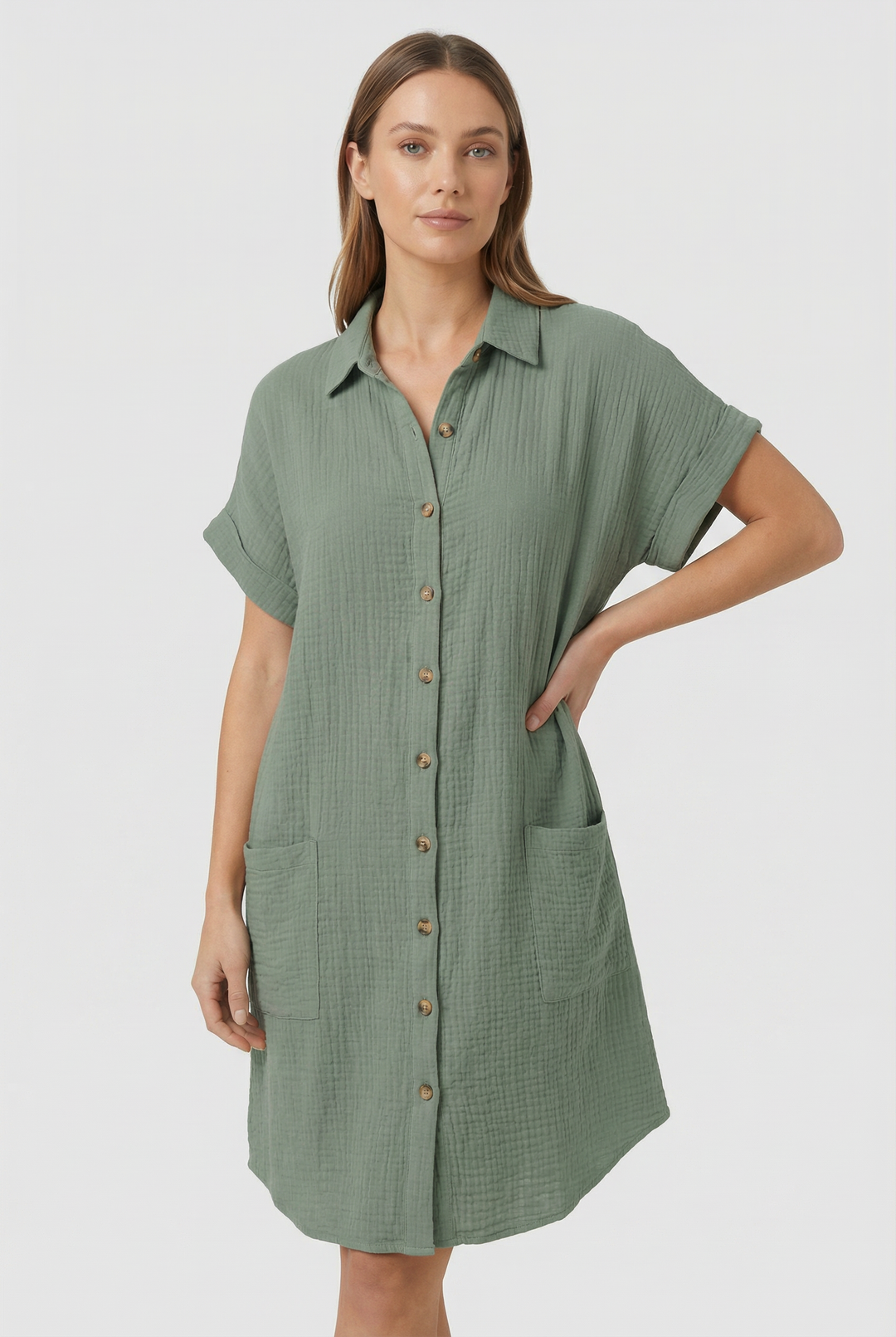 Effortless women's short sleeve shirt dress, a mini length summer casual staple.