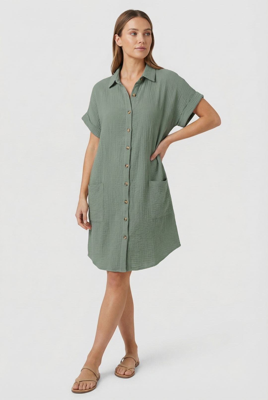 Lightweight women's short sleeve summer mini dress, relaxed fit & button detail.