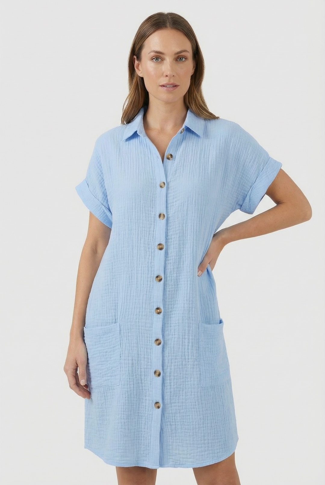 Fashionable women's collared casual shirt dress, short sleeve for summer comfort.
