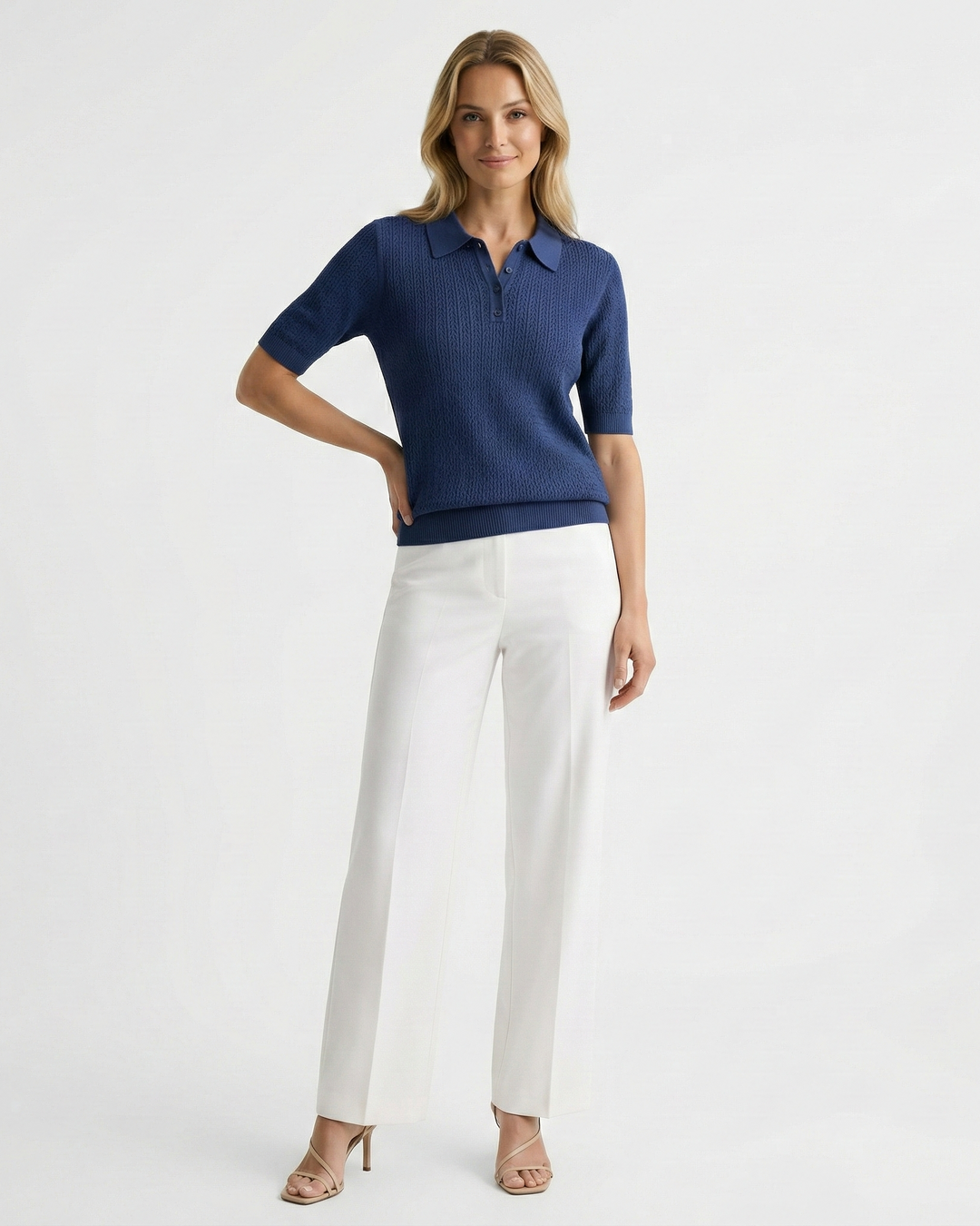 Everyday women's polo collar knit top. Short sleeve, relaxed fit for a comfortable, smart-casual summer look.