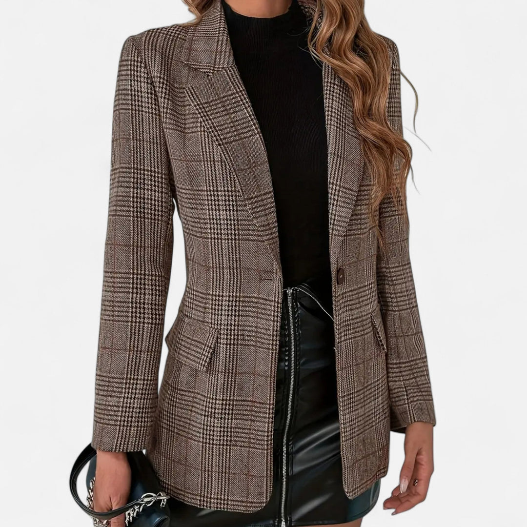 Women's single-breasted plaid blazer with classic style and modern fit, ideal for office or smart casual wear.