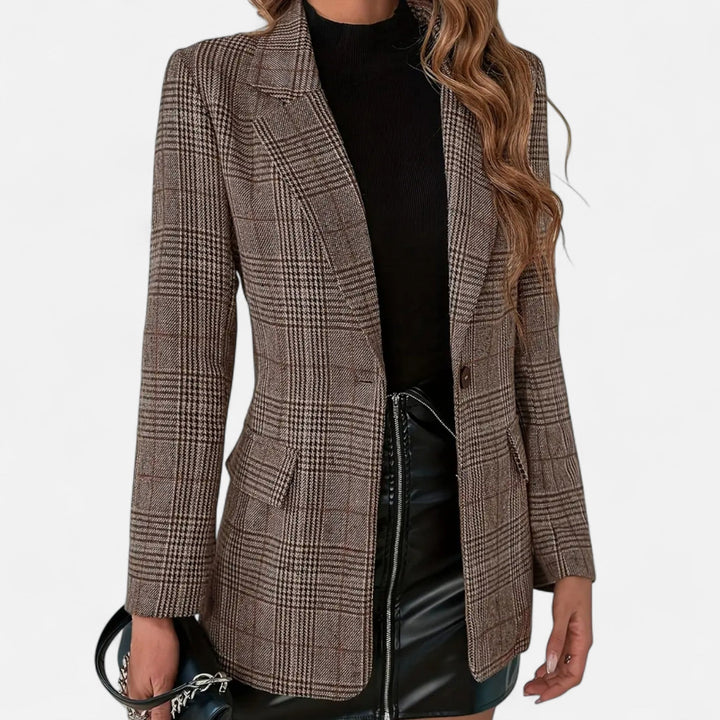 Women's single-breasted plaid blazer with classic style and modern fit, ideal for office or smart casual wear.