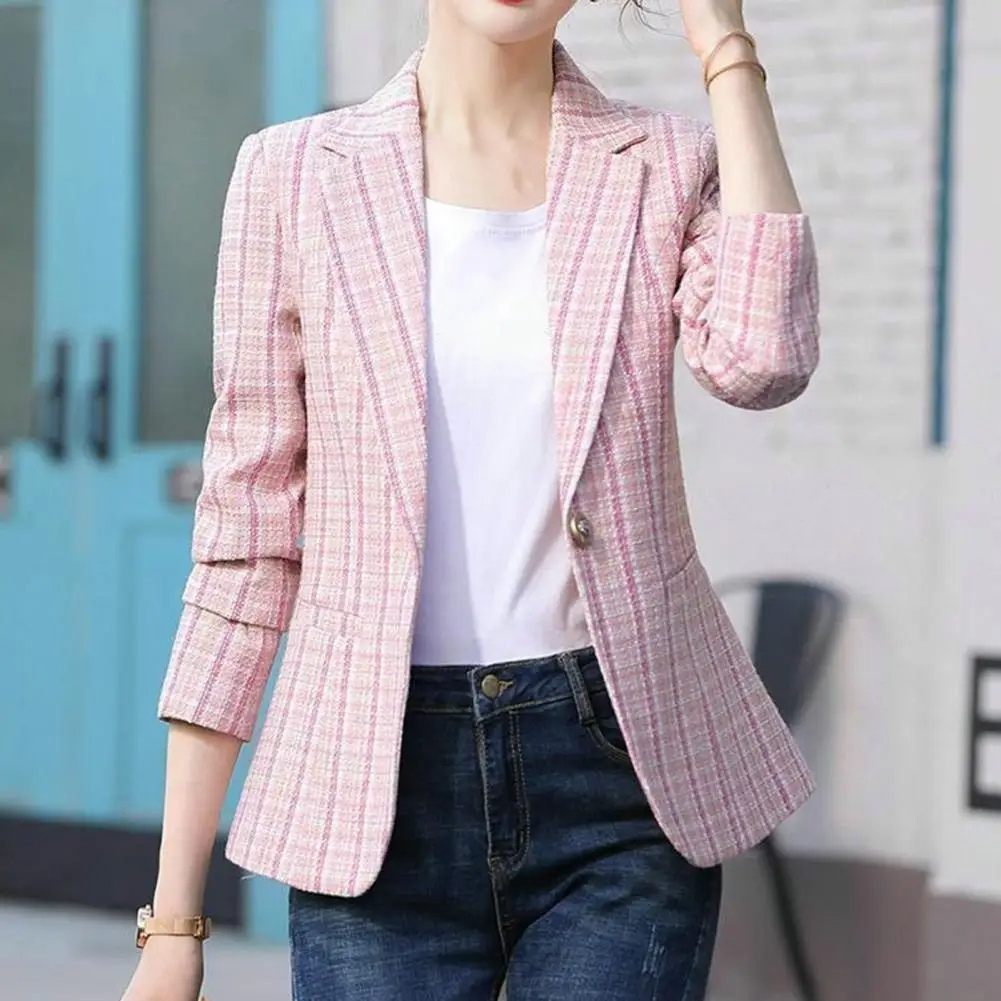 Stylish pink single-button tailored blazer for women, offering a chic and professional look for work.
