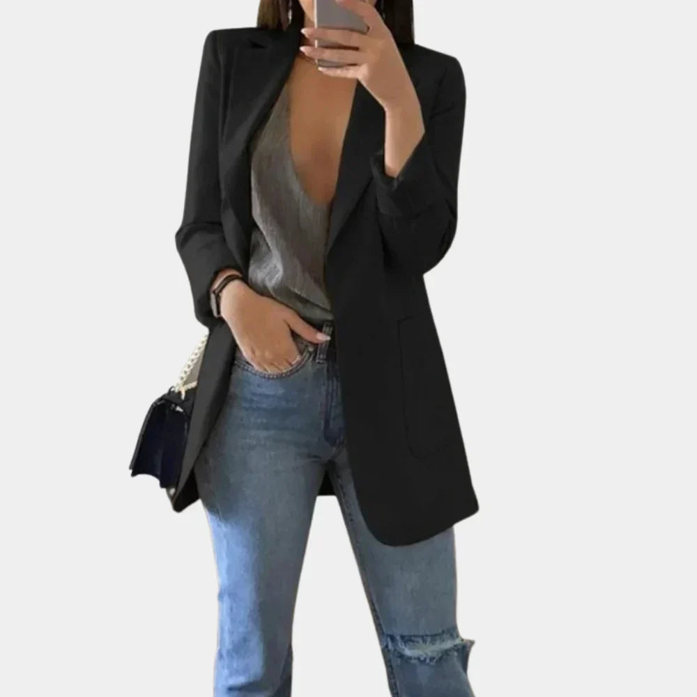 Women's slim fit longline tailored blazer jacket, perfect for professional office wear & elegant day-to-night style.