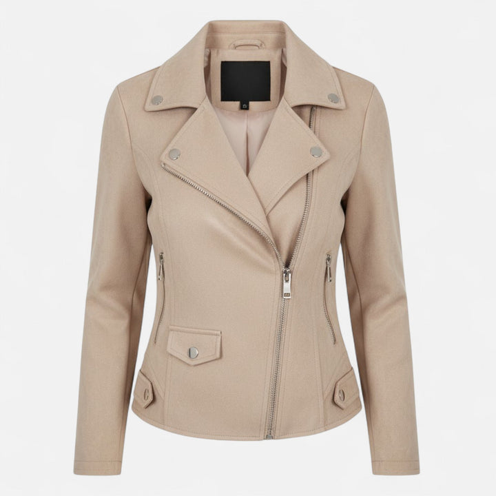 Women's slim lapel zip jacket with practical pockets, ideal for spring & autumn outerwear.