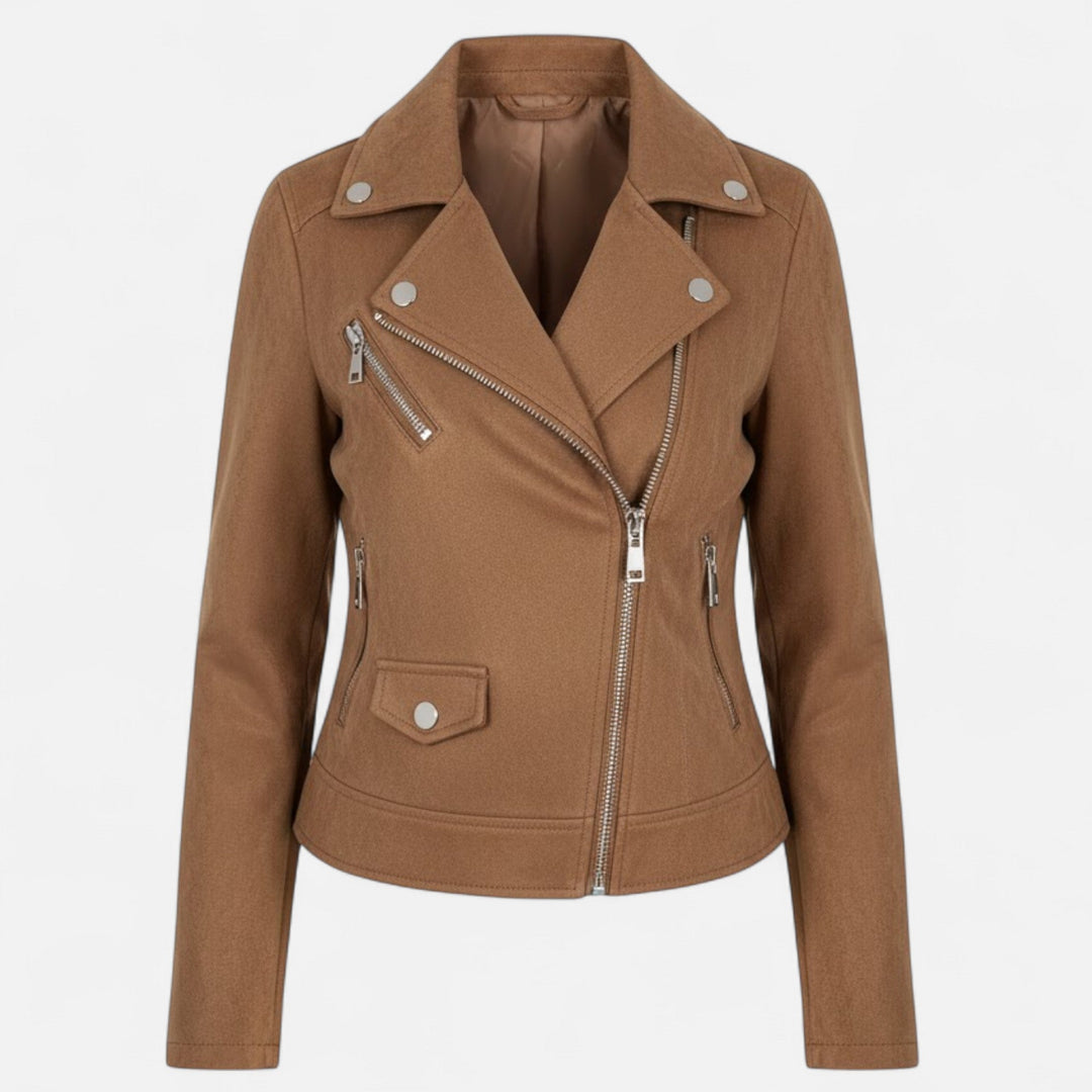 Chic women's slim lapel zip jacket with practical pockets, an essential for versatile outerwear.